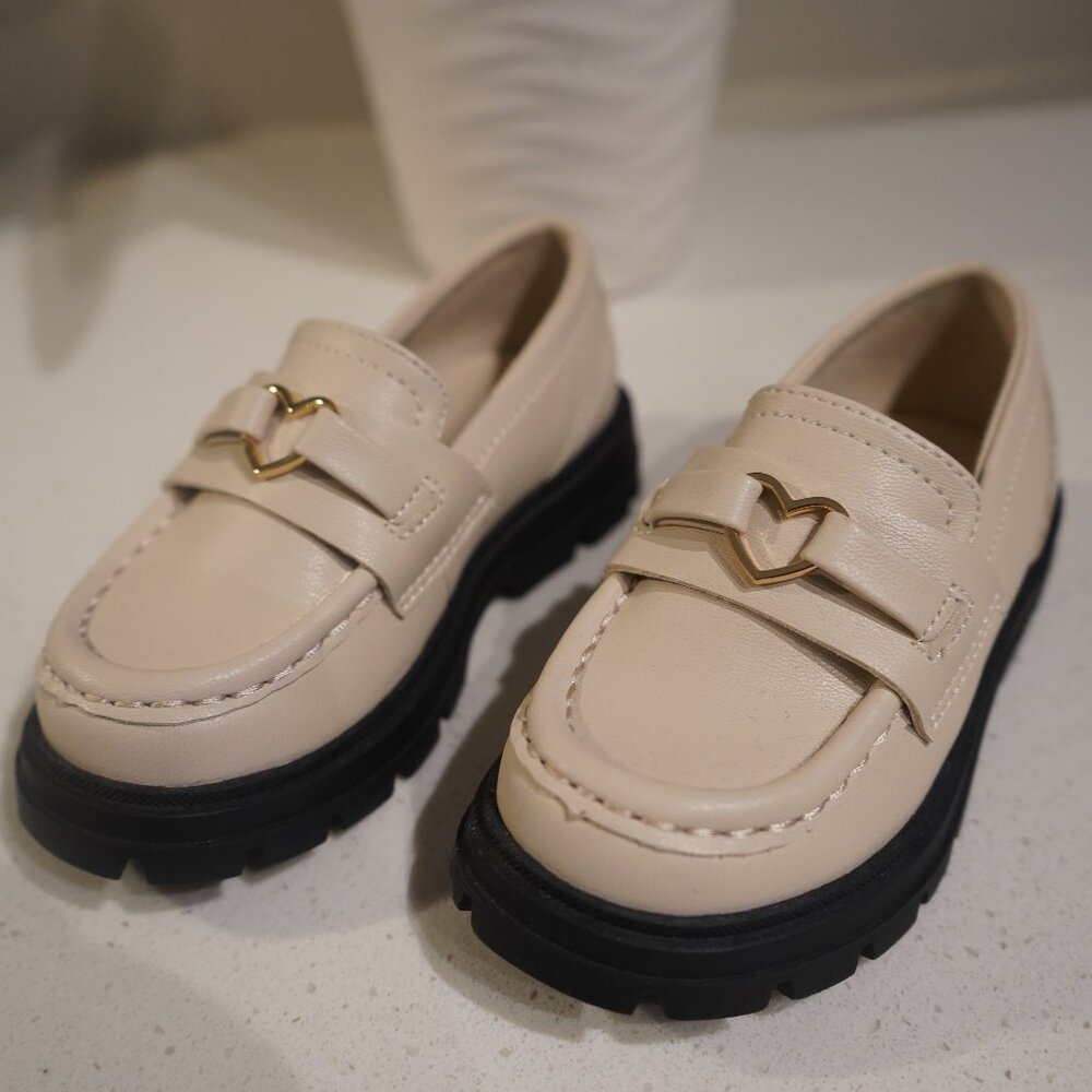 Zara Kids Chunky Loafers – Beige with Gold Heart Detail – Size 7